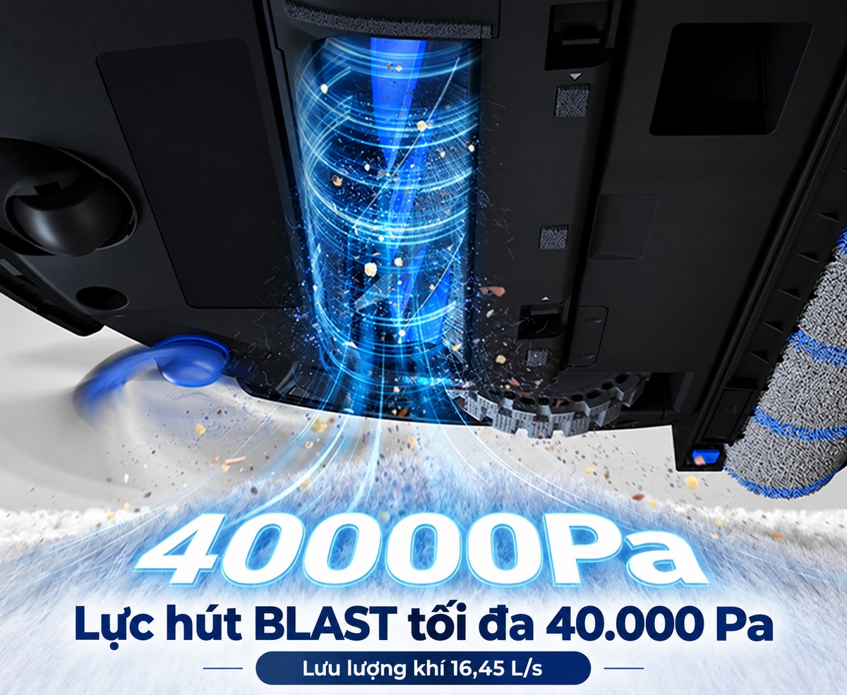 Minh họa BLAST với lực hút tối đa 40.000 Pa và lưu lượng khí 16,45 L/s trên T80 Max Omni