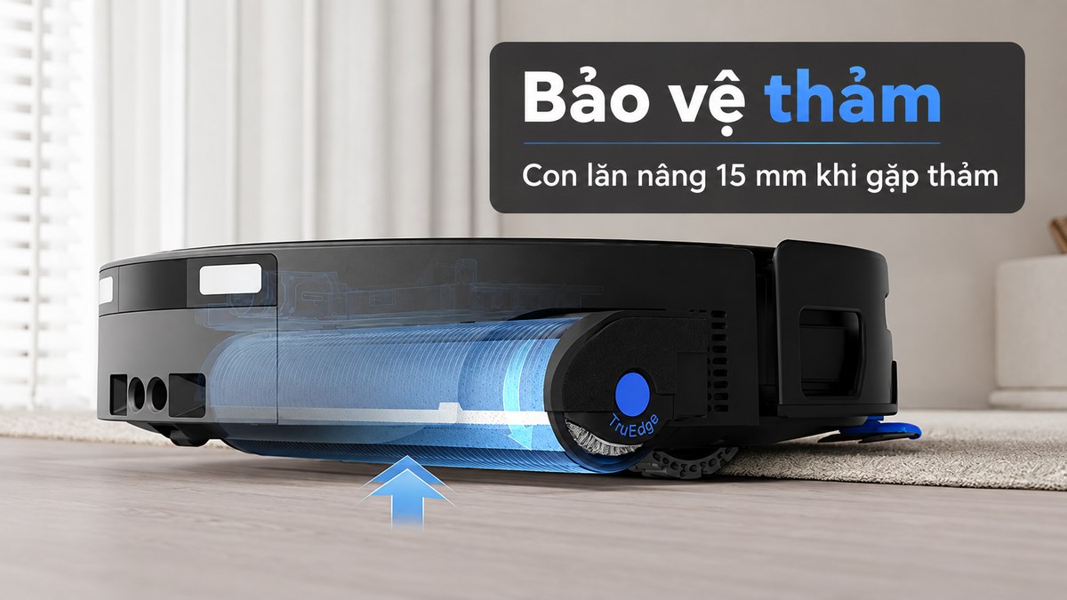 Cơ chế nâng con lăn 15 mm và che con lăn của T90S Pro Omni khi gặp thảm