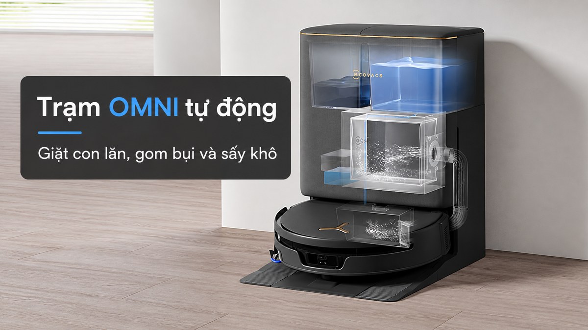 Trạm OMNI của T90S Pro Omni hỗ trợ giặt con lăn, gom bụi và sấy khô